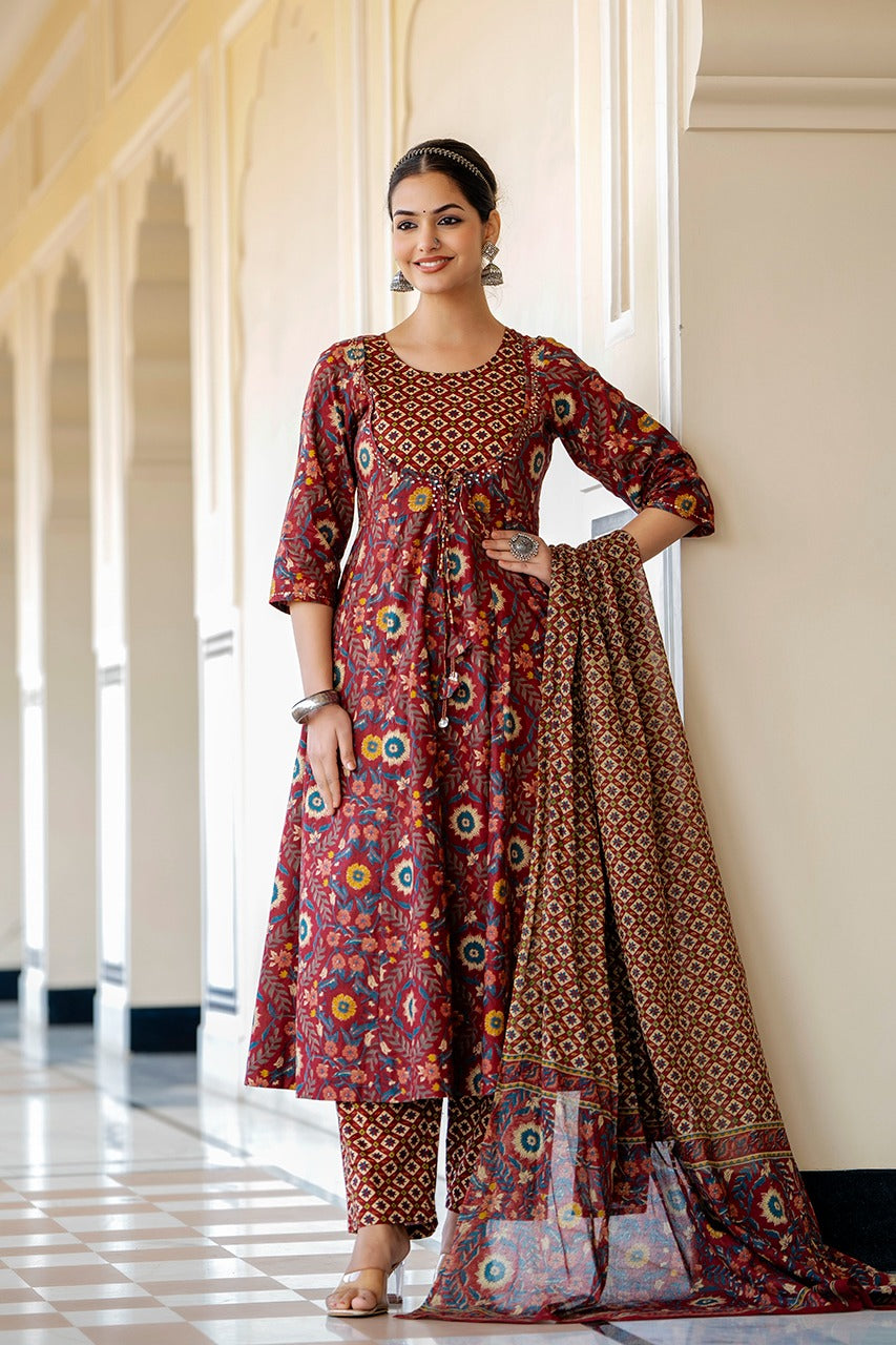 Akira Block Printed Brown Anarkali suit set