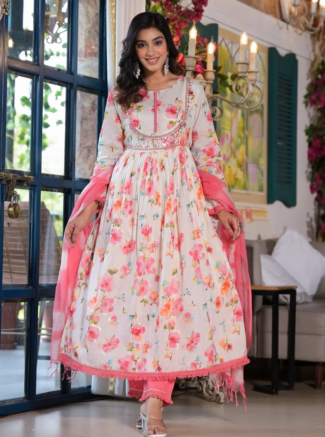 Akira Floral Printed White and Pink Anarkali suit set