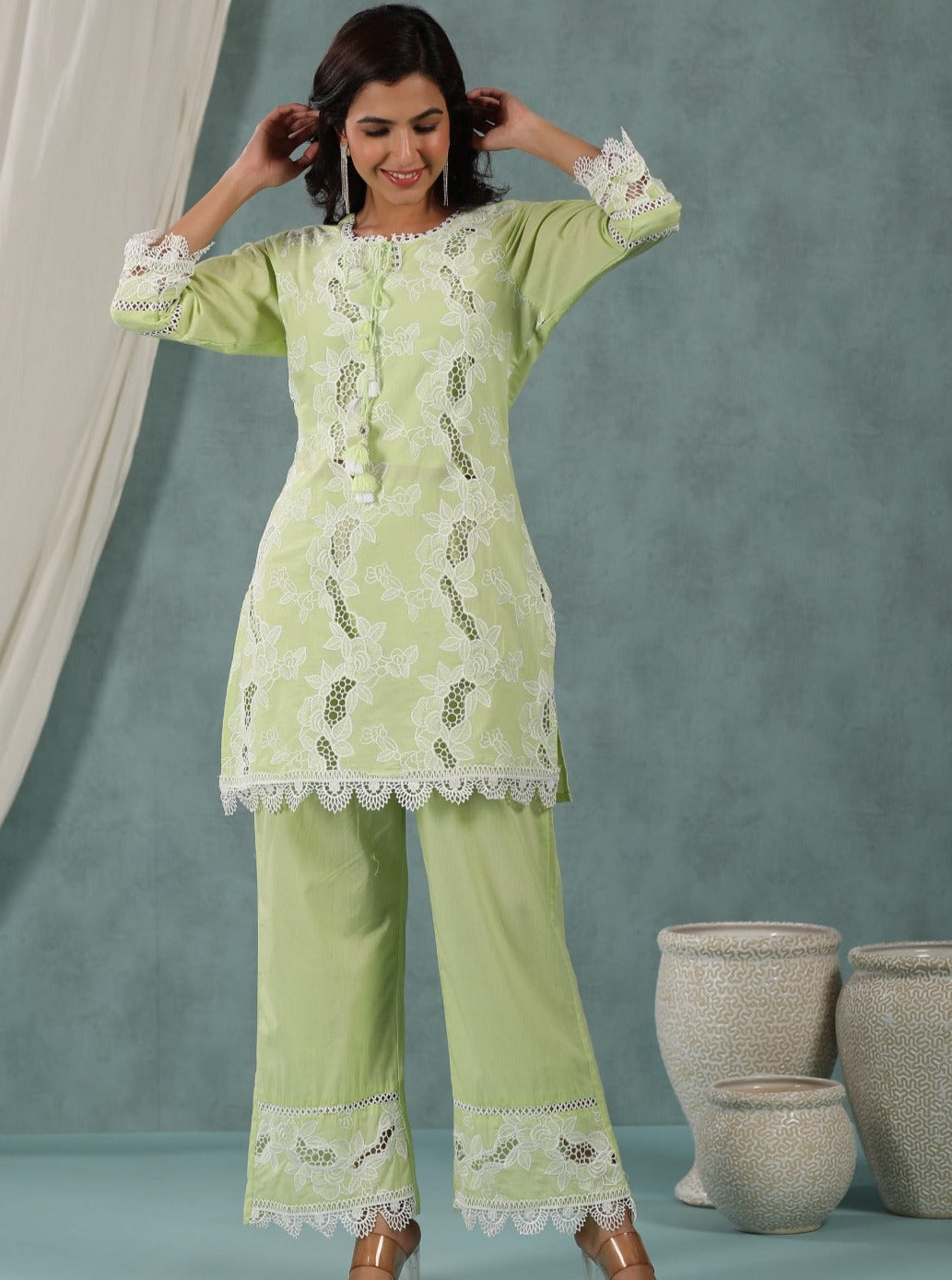 Arzoi Chikan Light Green Co-Ord Set