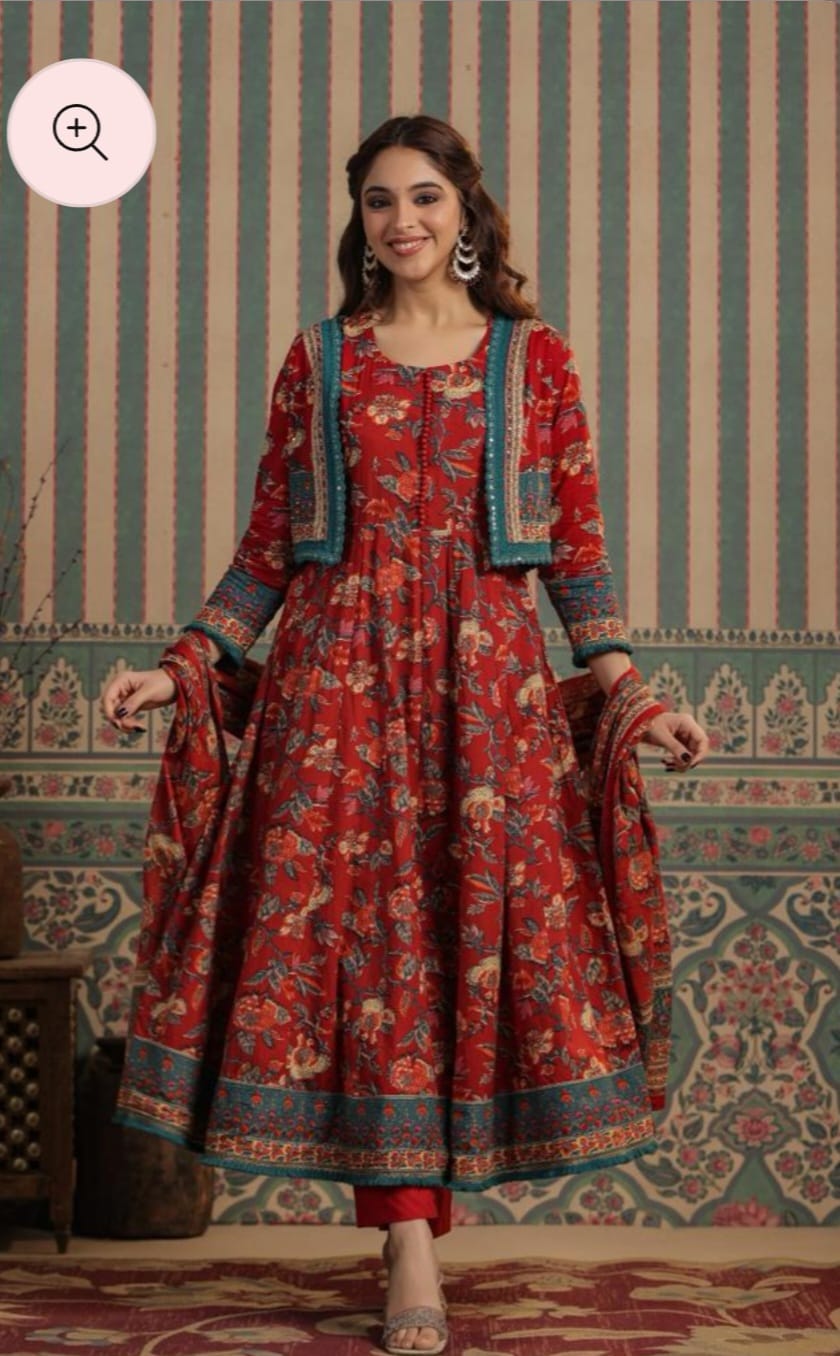Vihaa Floral Block Printed Maroonish Red Anarkali Jacket suit set