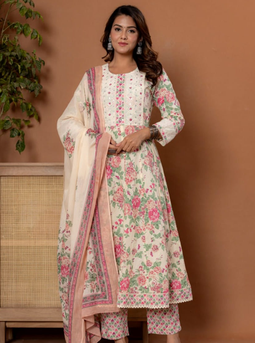 Akira Floral Printed Chikan Anarkali Suit Set