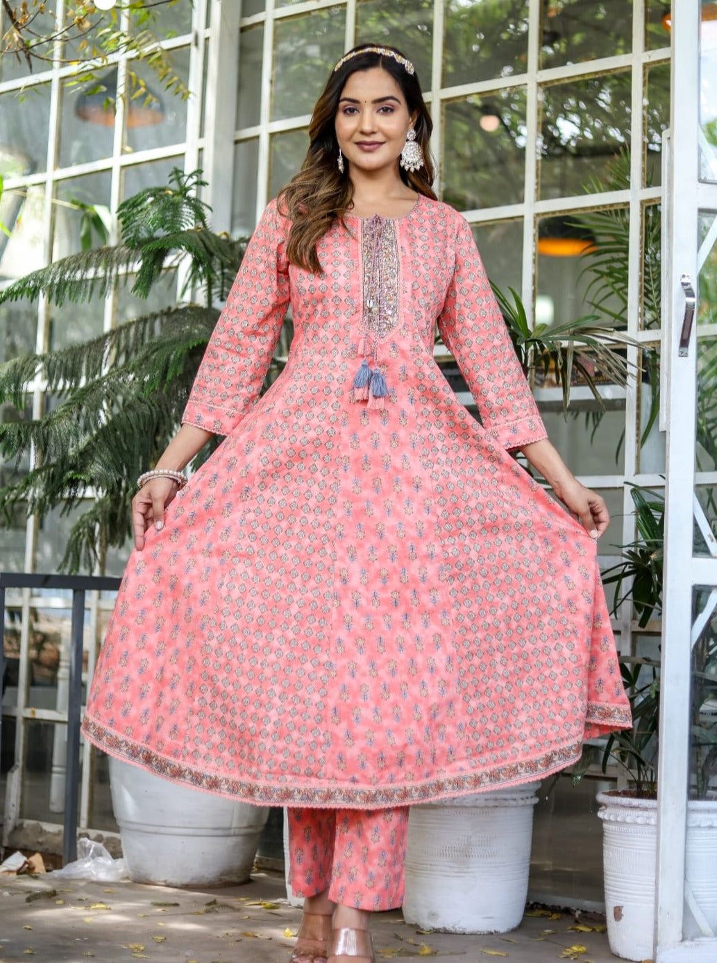 Akira Block Printed Peach Anarkali suit set