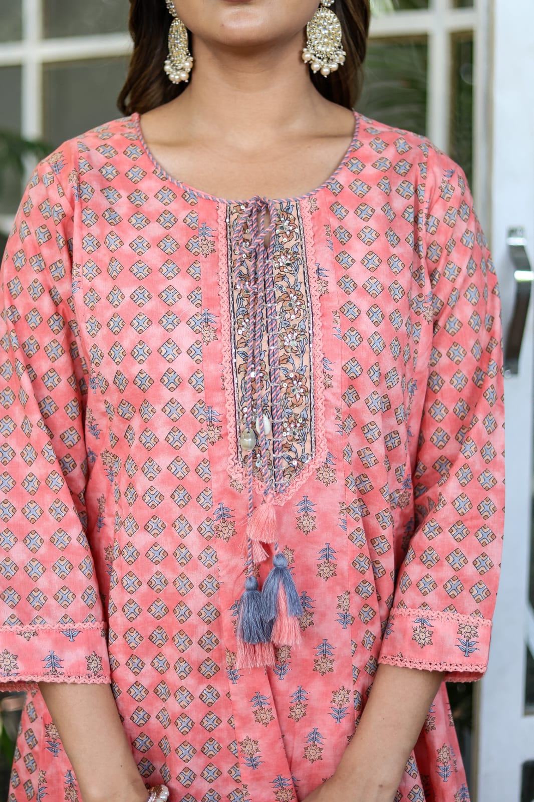 Akira Block Printed Peach Anarkali suit set