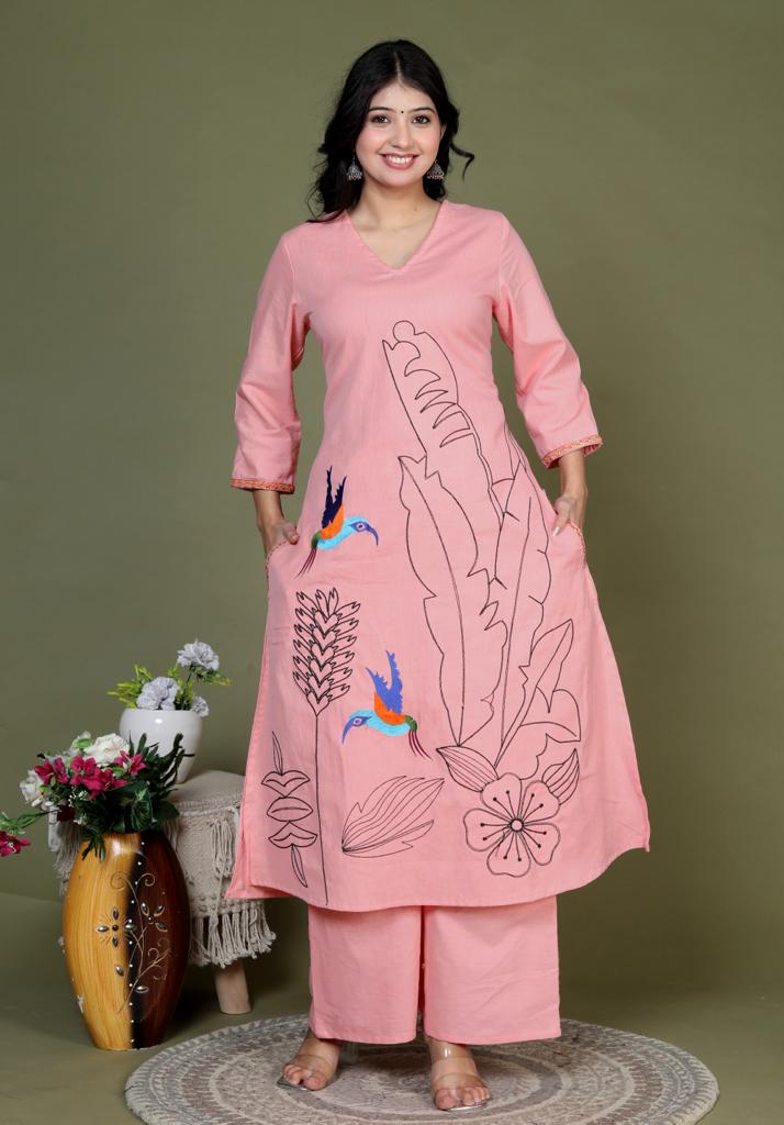 Maisha A-Line Thread Embroidered Solid Pink Co-Ord Set