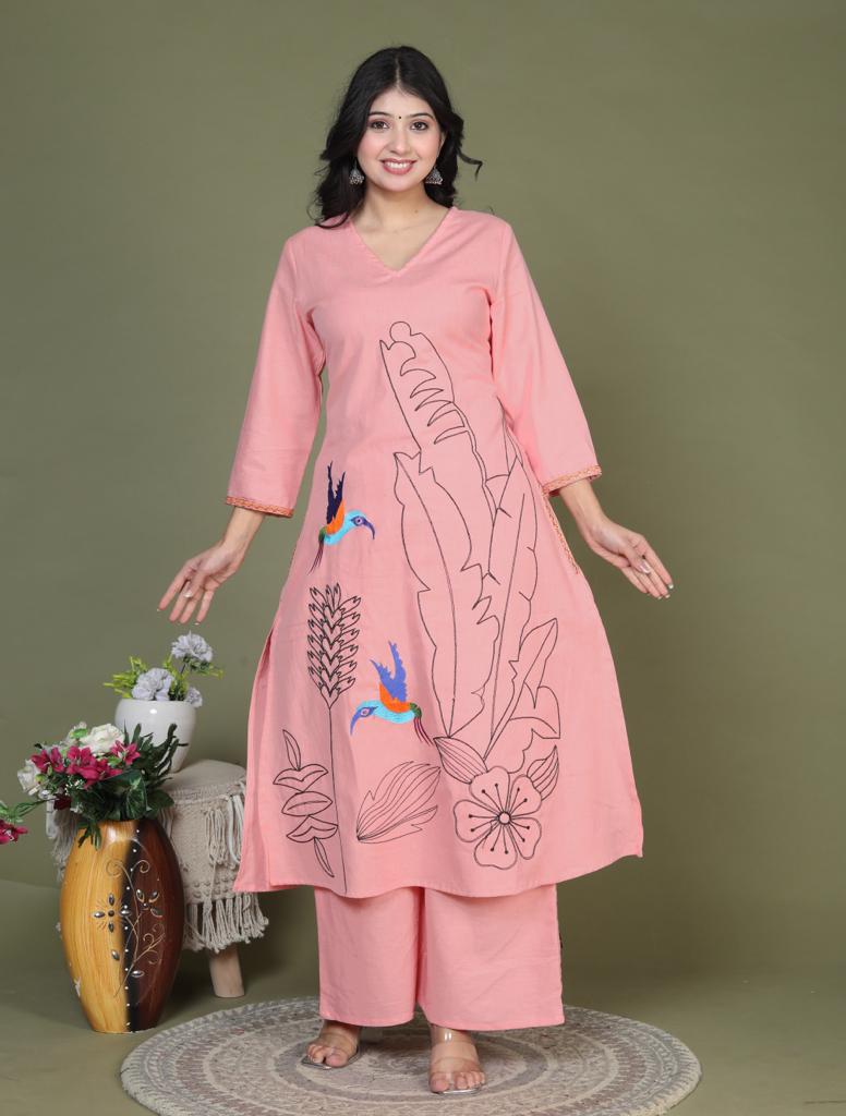 Maisha A-Line Thread Embroidered Solid Pink Co-Ord Set