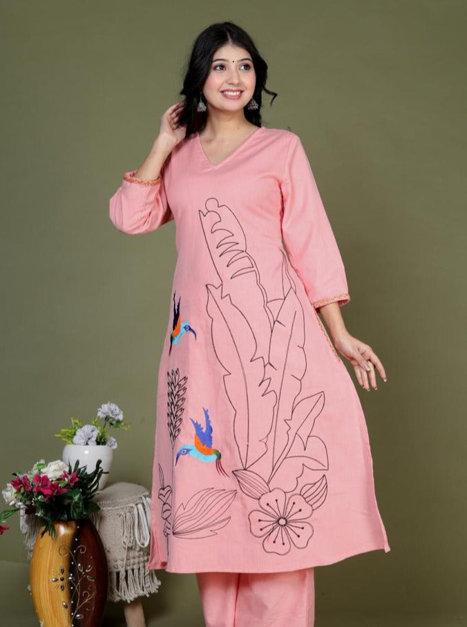 Maisha A-Line Thread Embroidered Solid Pink Co-Ord Set