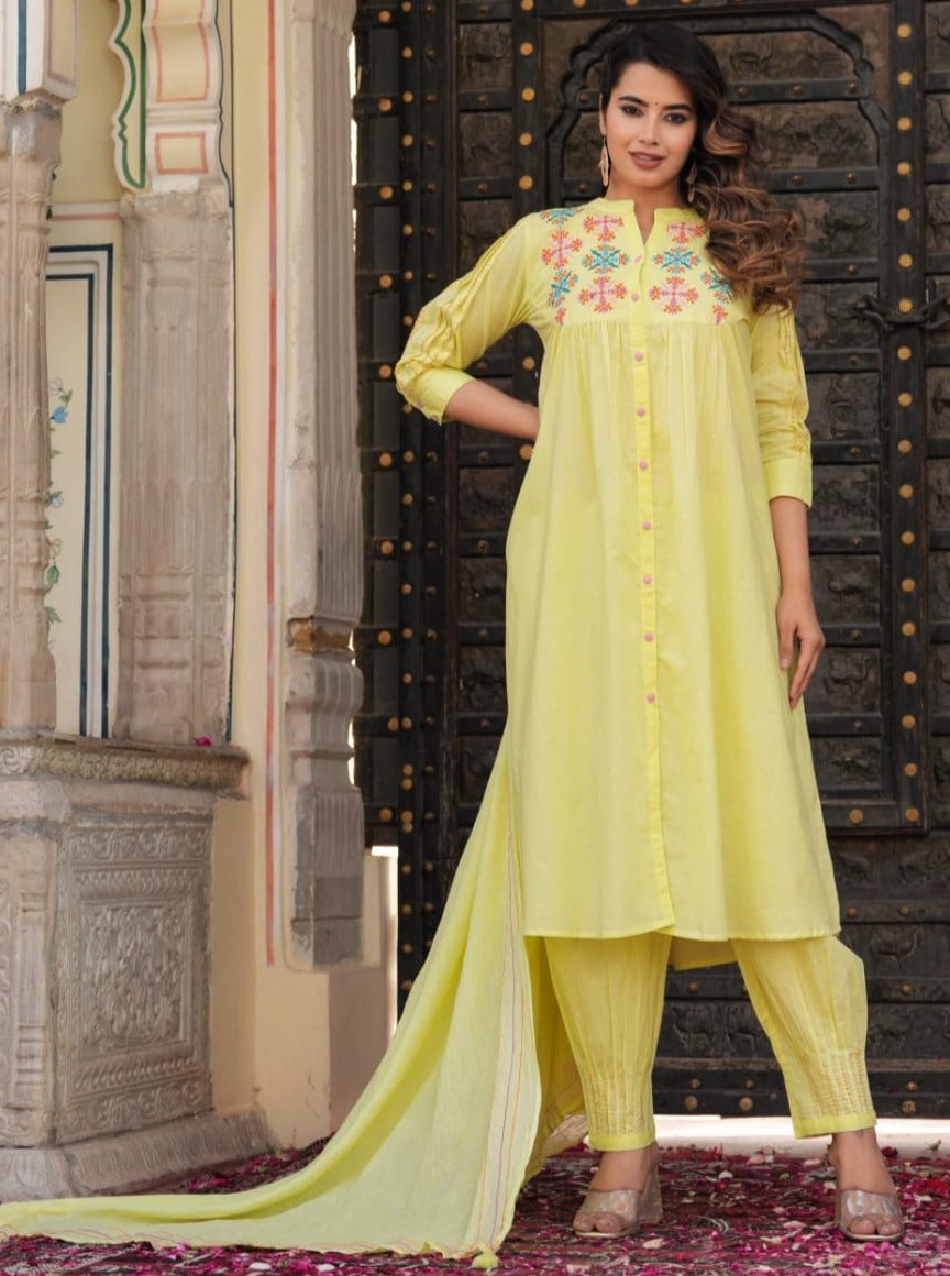 Akira Thread Embroidered Lemon Afghani suit set