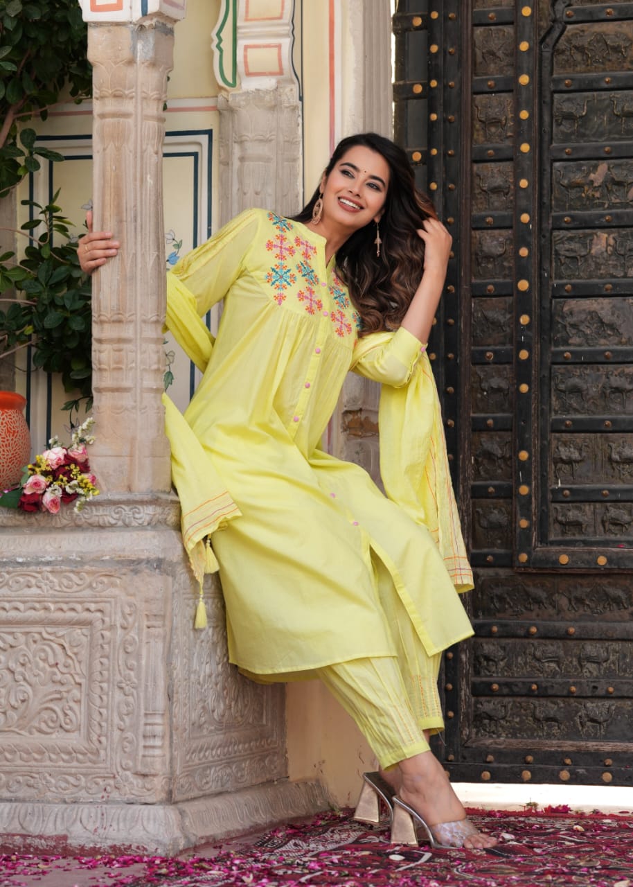 Akira Thread Embroidered Lemon Afghani suit set