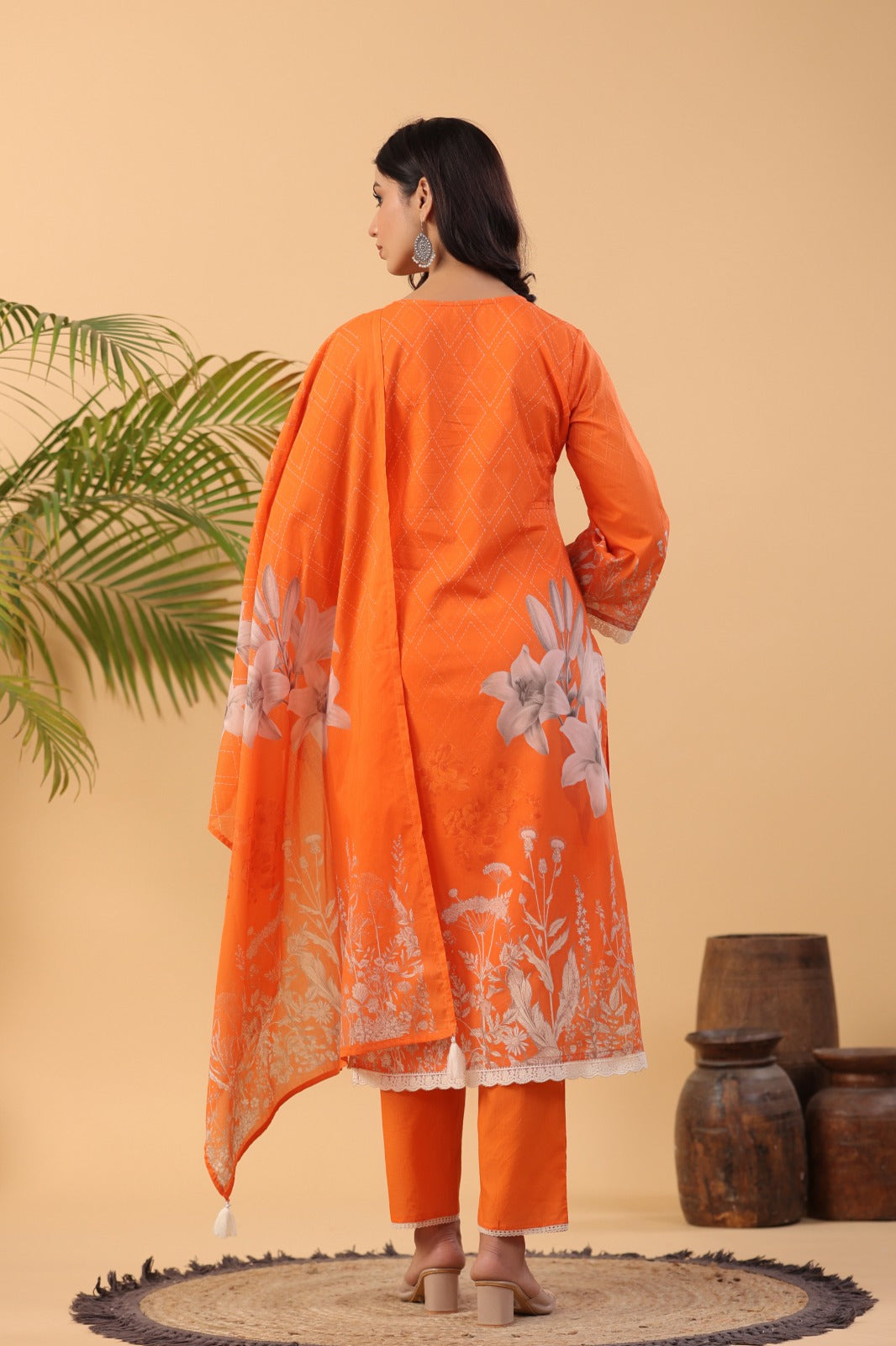 Kasturi Floral Printed Orange Pakistani Straight Suit Set