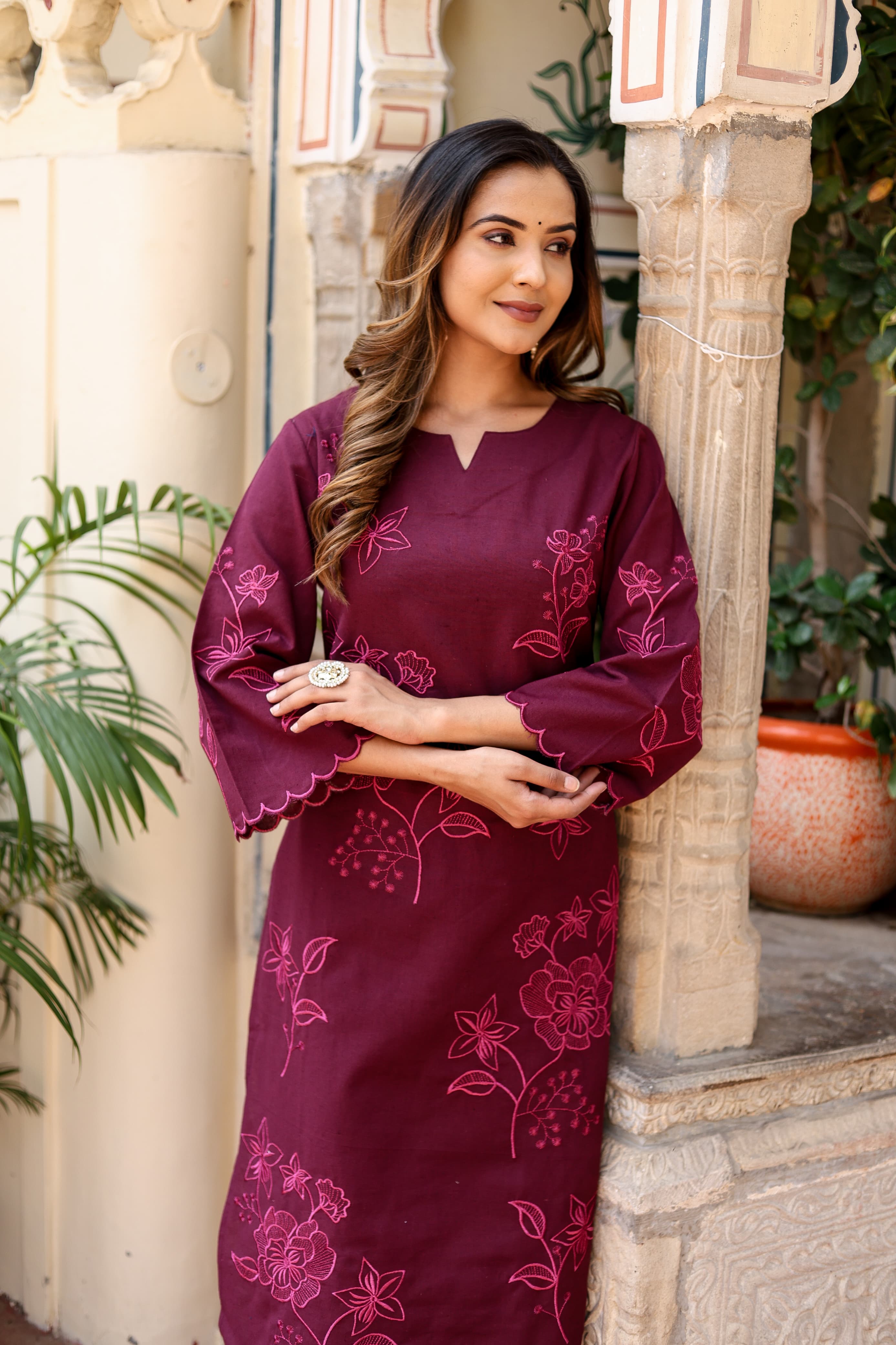 Shehnaz Thread Embroidered Solid Wine Co-Ord Set