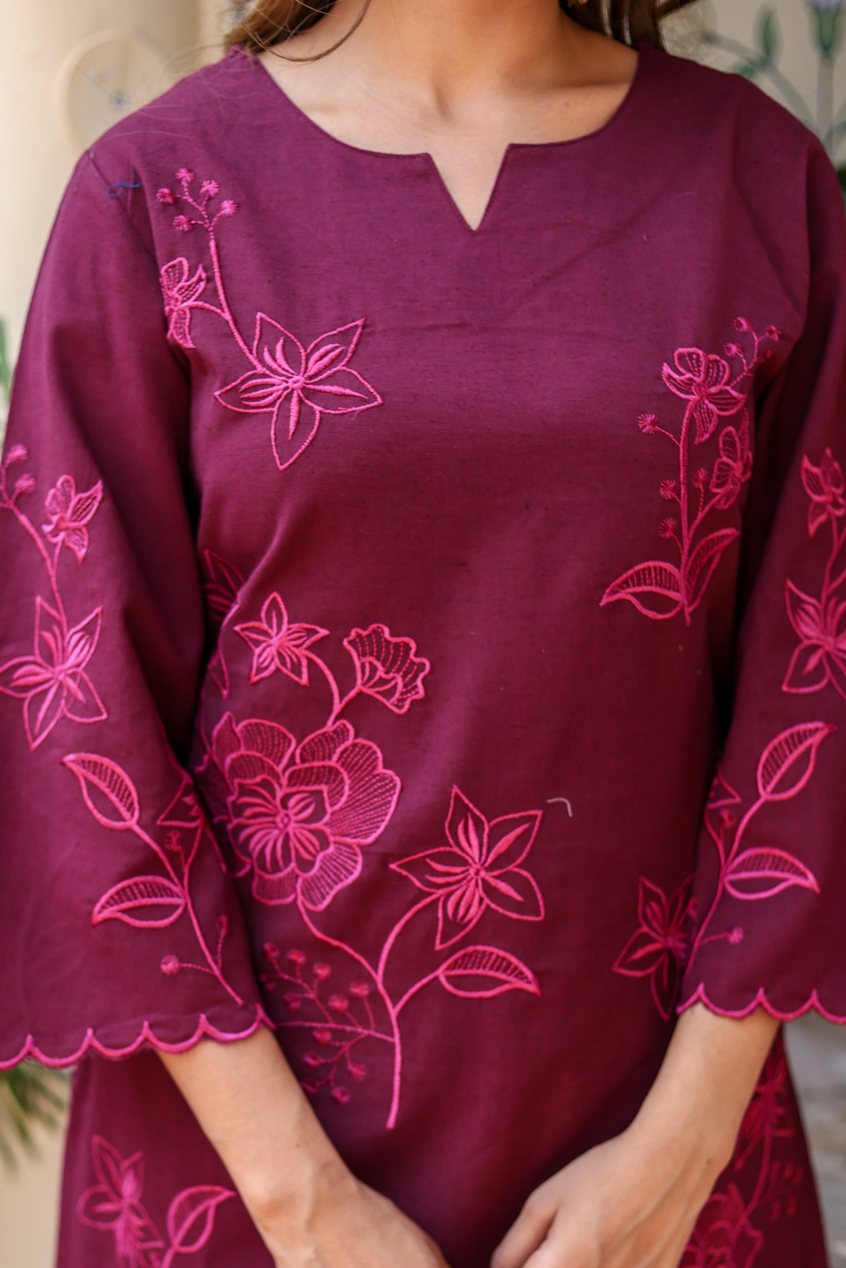 Shehnaz Thread Embroidered Solid Wine Co-Ord Set
