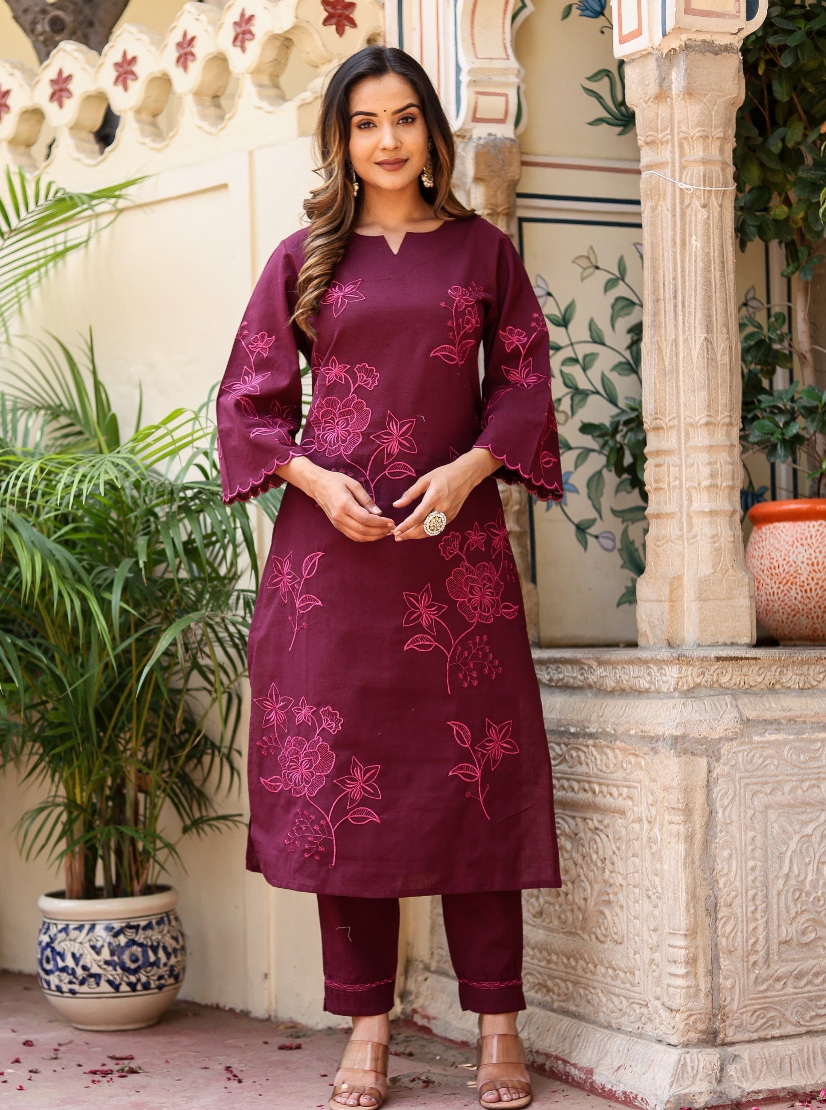 Shehnaz Thread Embroidered Solid Wine Co-Ord Set
