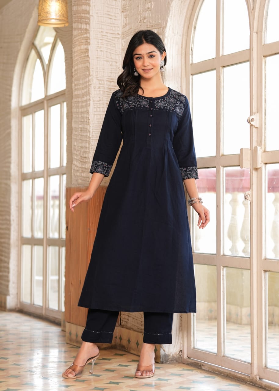 Akira Thread Embroidered Navy Blue Straight suit set