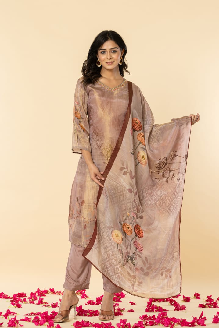 Aditi Brown Shimmer Straight Suit Set