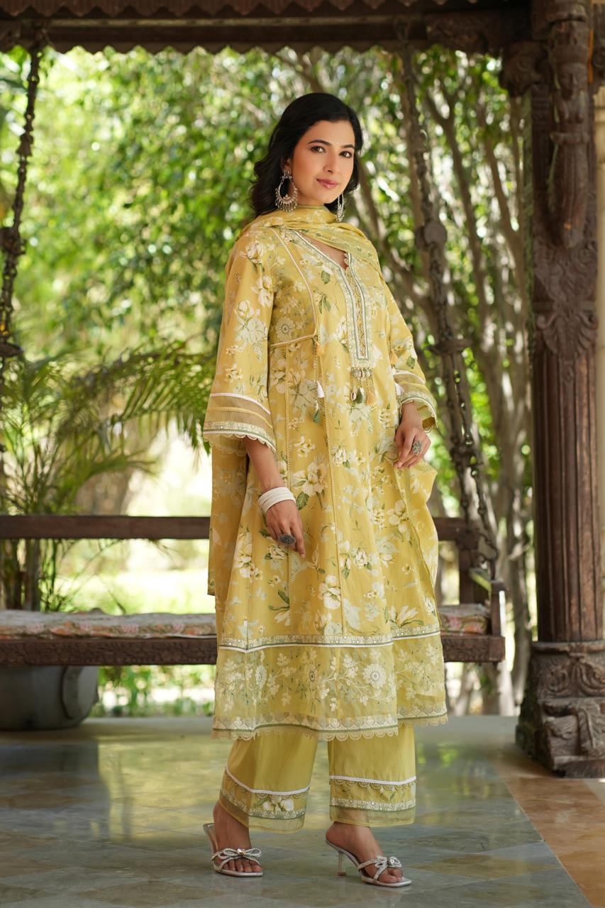 Rutwi Floral Printed Greenish Yellow Pakistani Anarkali Suit Set