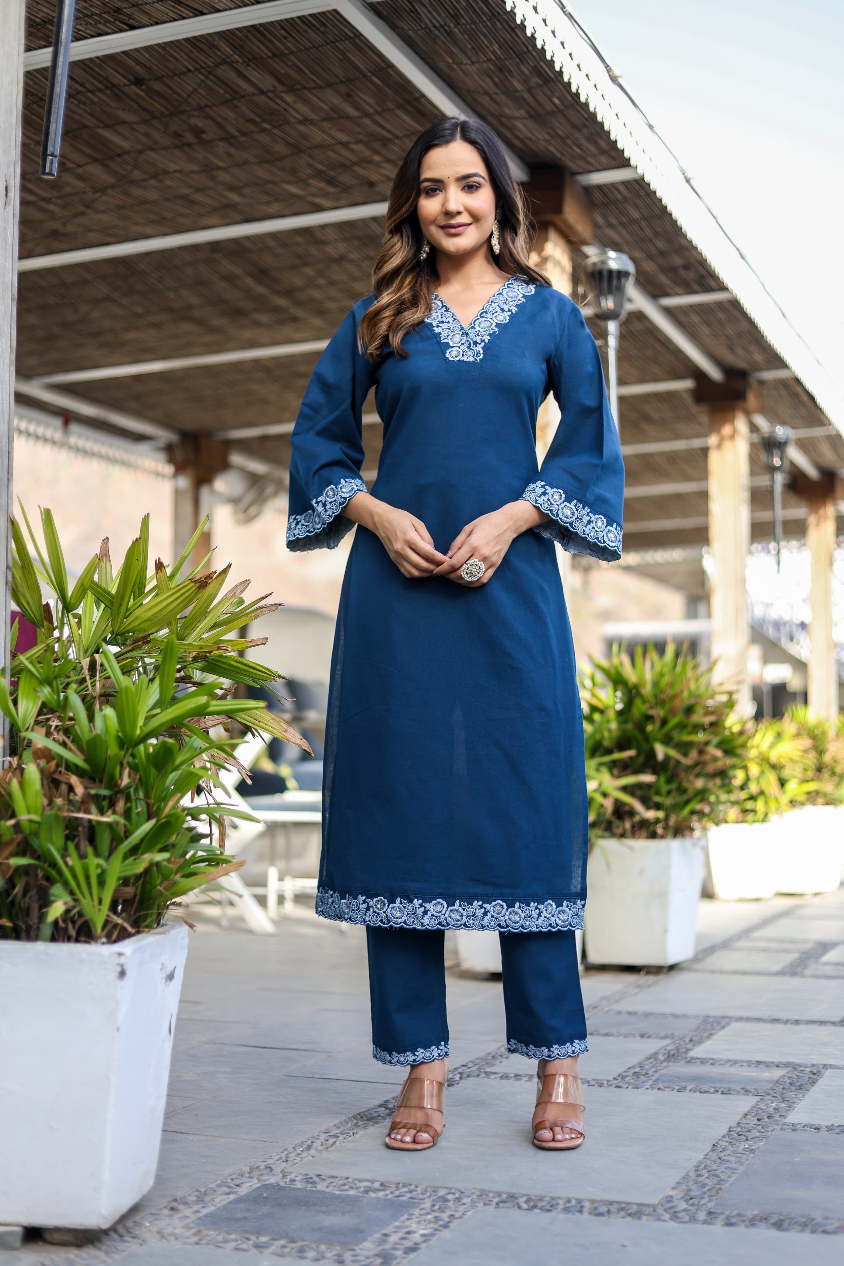 Shehnaz Thread Embroidered Pakistani Solid Blue Co-Ord Set