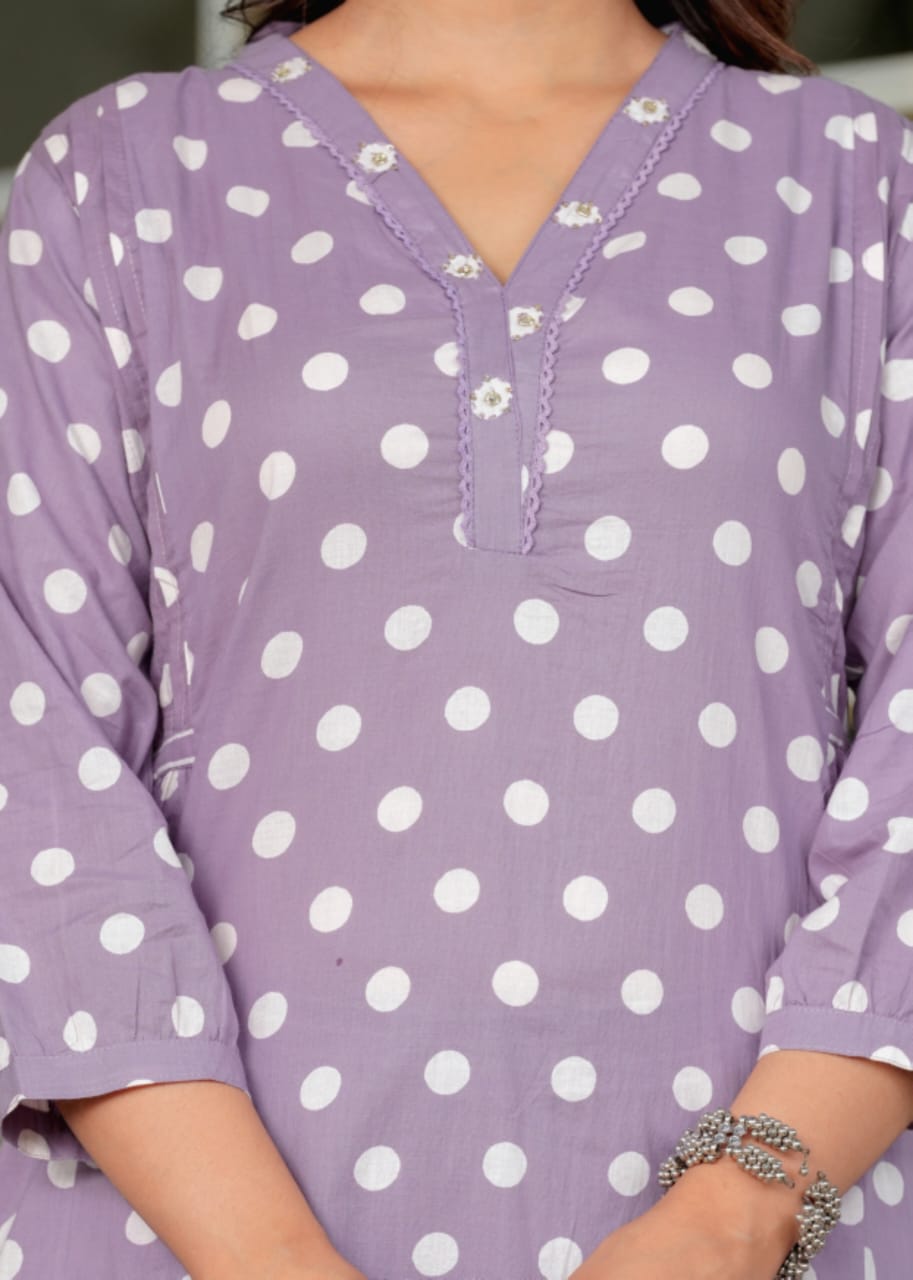 Maisha Polka Dot Printed Lavender Suit Set