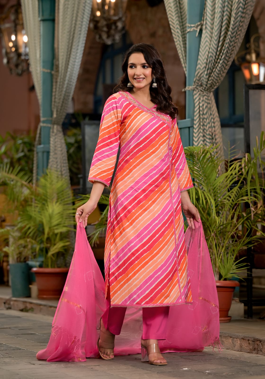 Gauri Lehriya Printed Angrakha Multi Pink suit set