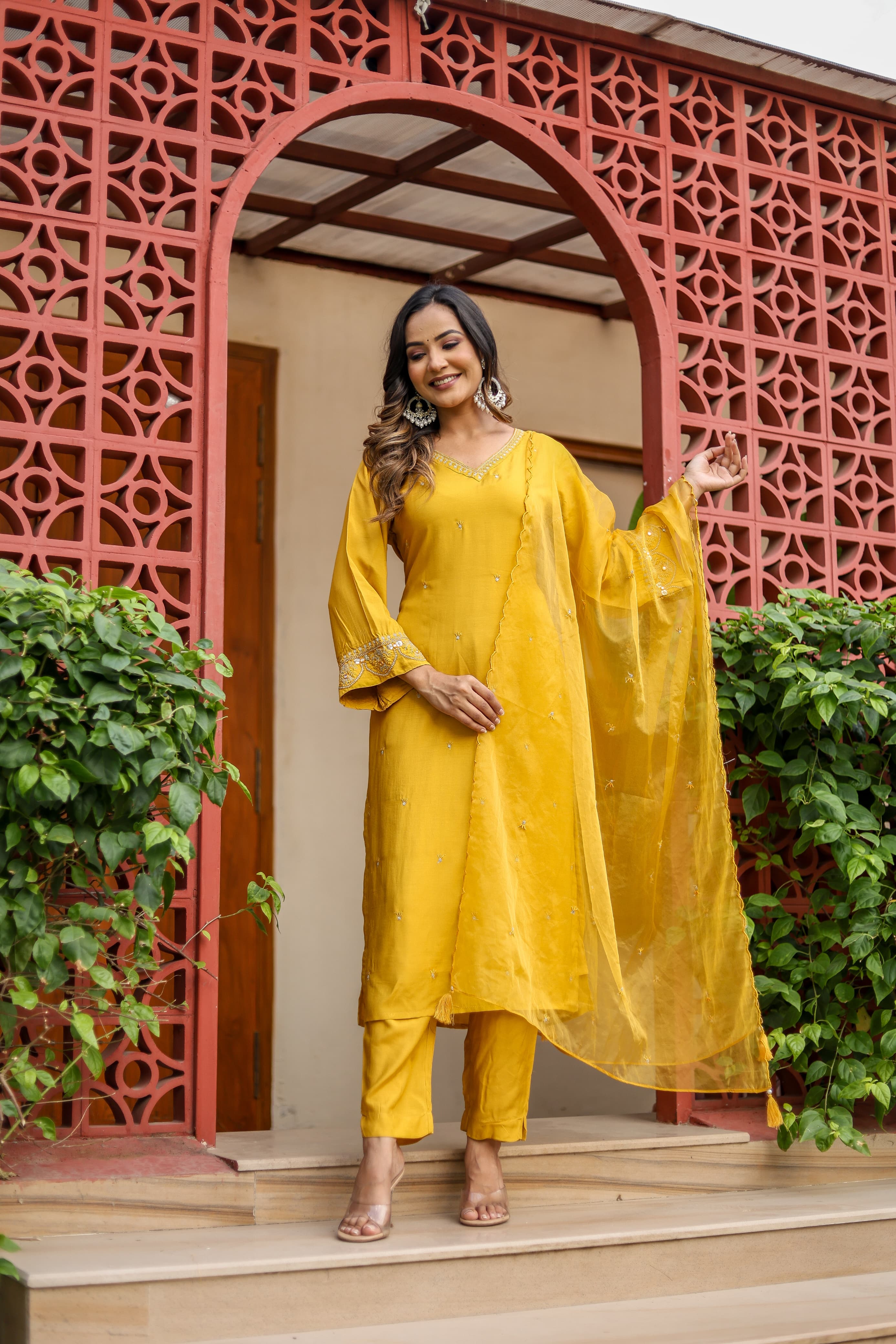 Ramya Solid Yellow Embroidered Straight Suit Set