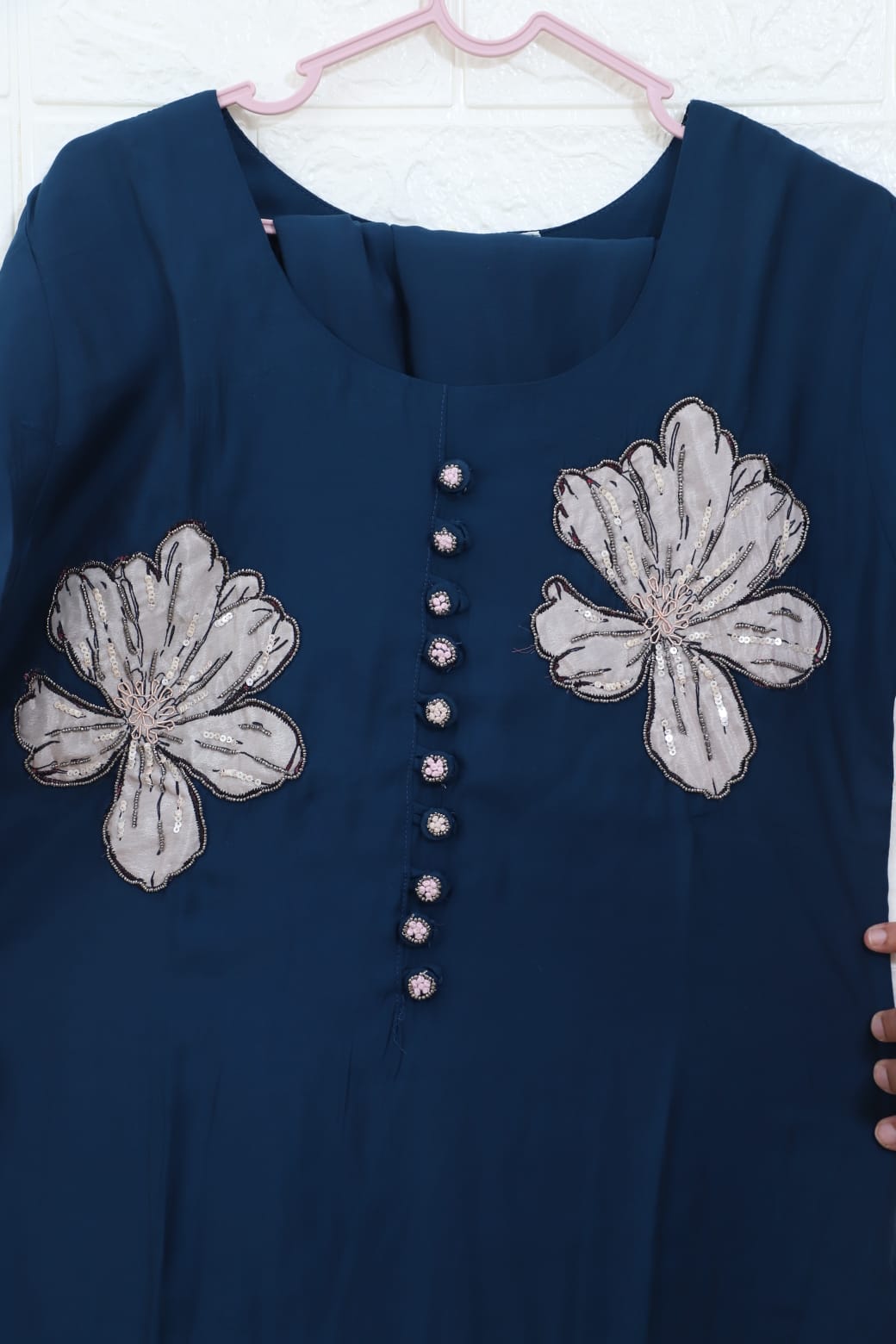 Aarohi Solid Blue Floral Straight Suit Set