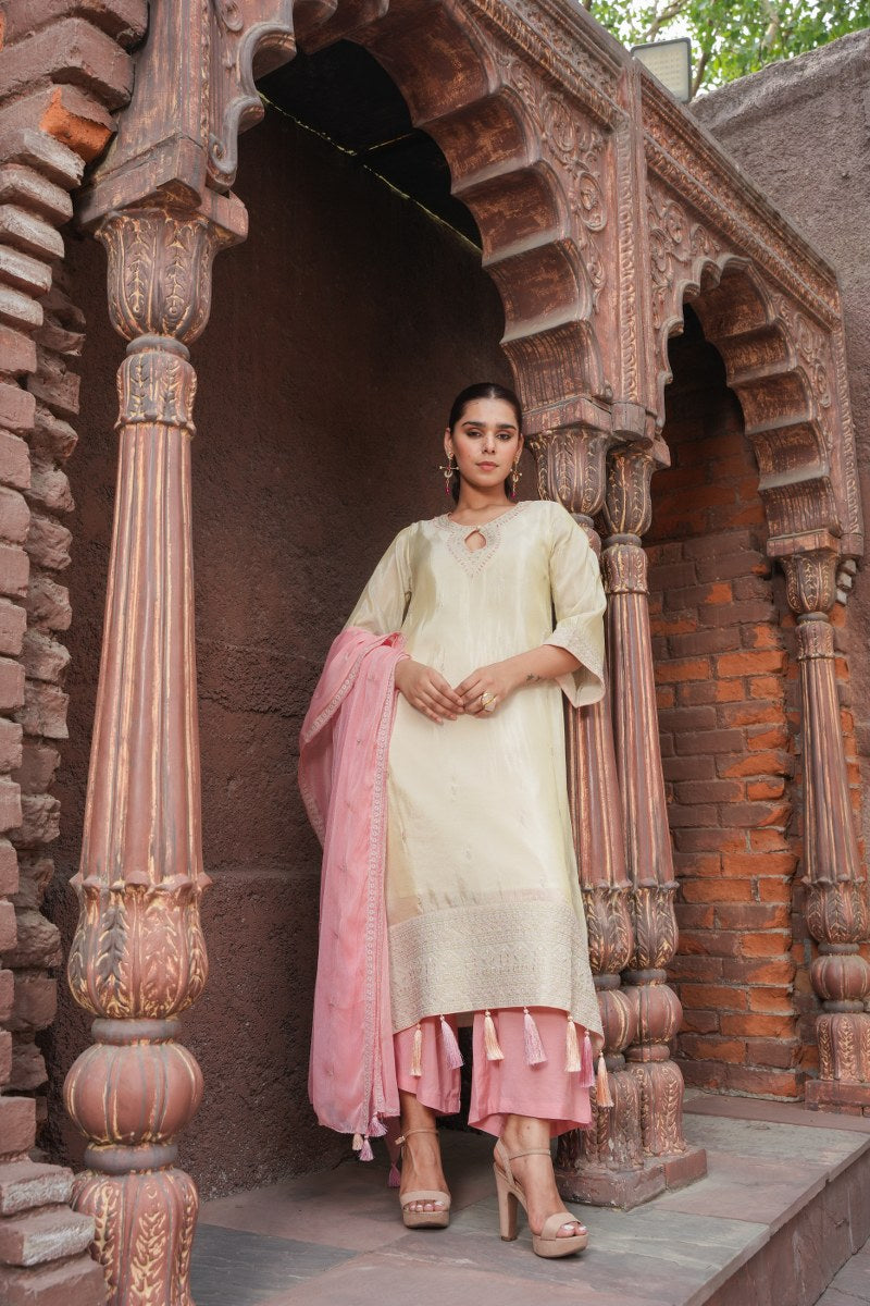 Aditi Beige And Pink Shimmer Suit Set