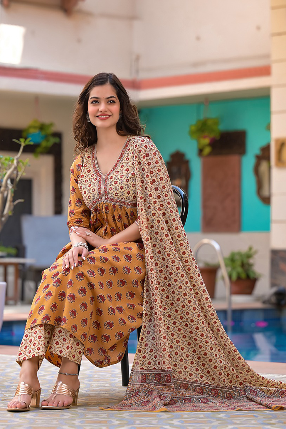 Ibadat Mustard Block Printed Aliya Suit Set