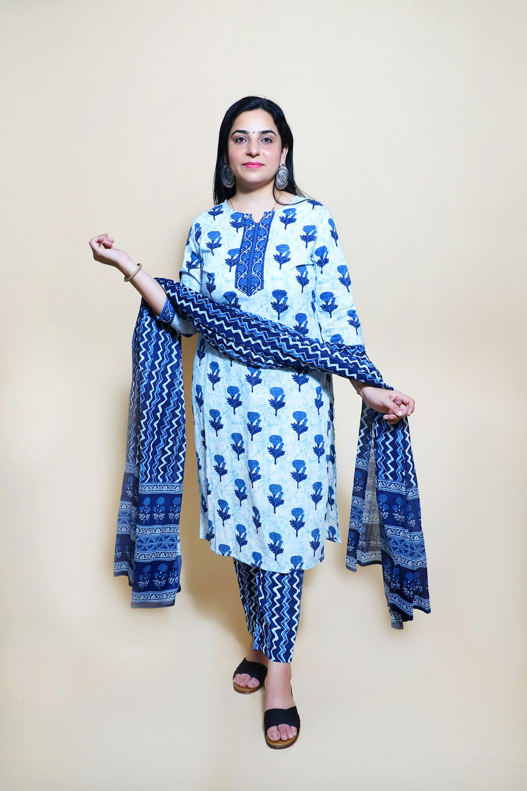 Kiara Block Printed Indigo Straight Suit Set