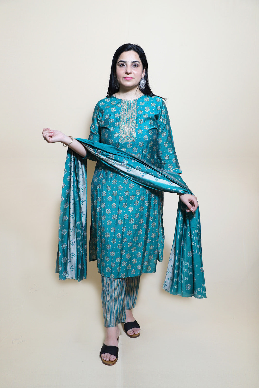 Vihaa Block Printed Dark Green Straight Suit Set