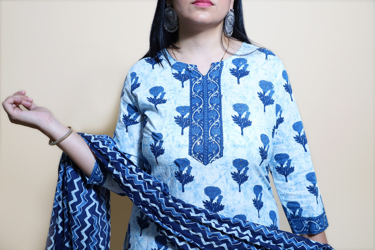 Kiara Block Printed Indigo Straight Suit Set