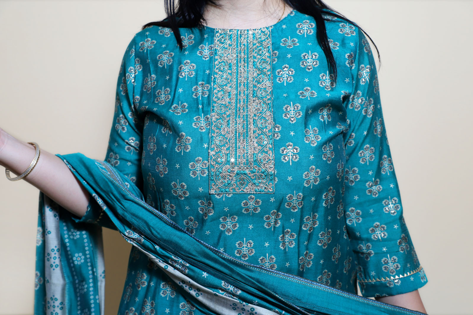 Vihaa Block Printed Dark Green Straight Suit Set