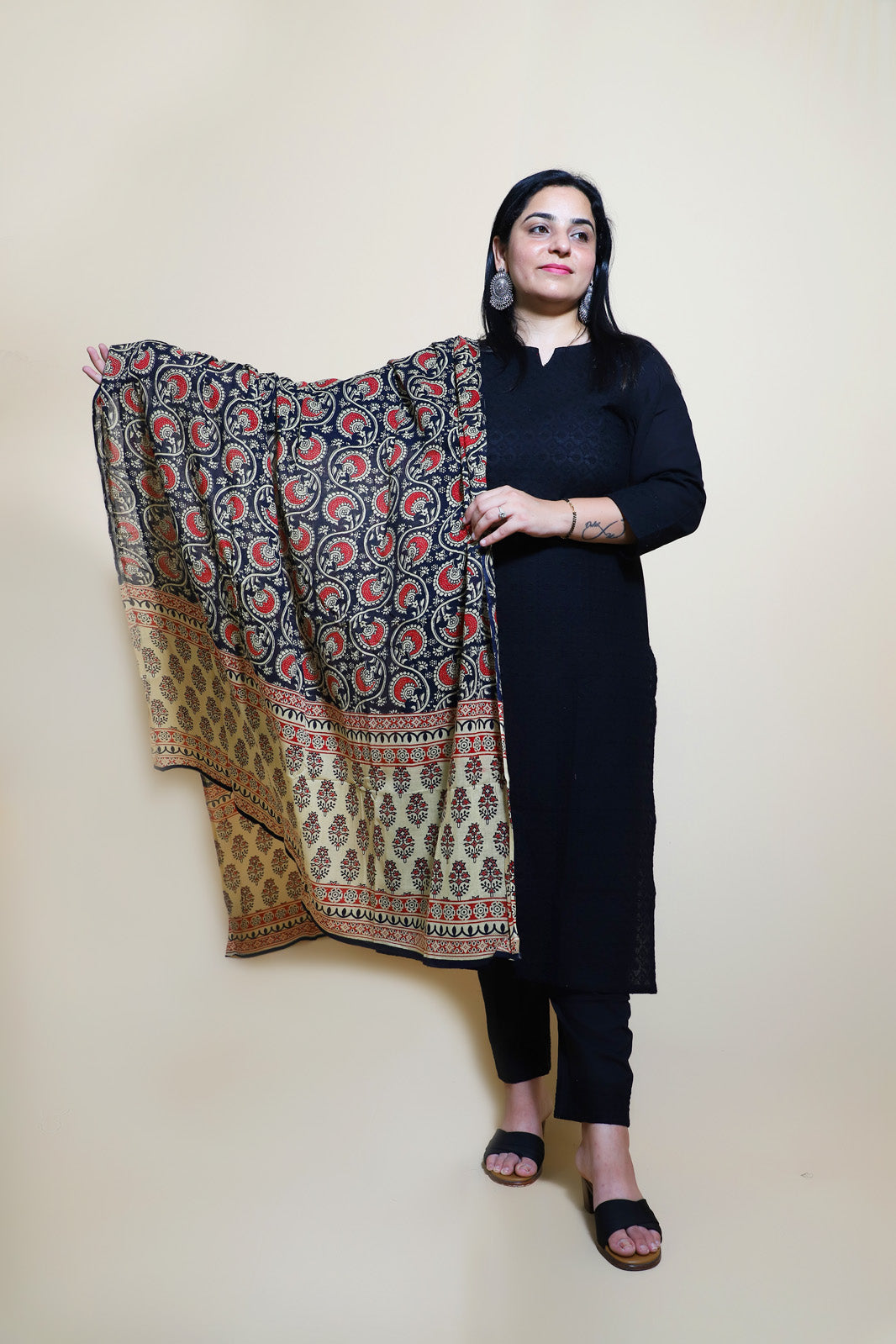 Vihaa Black Chikan Straight Suit Set With Bagru Print Dupatta