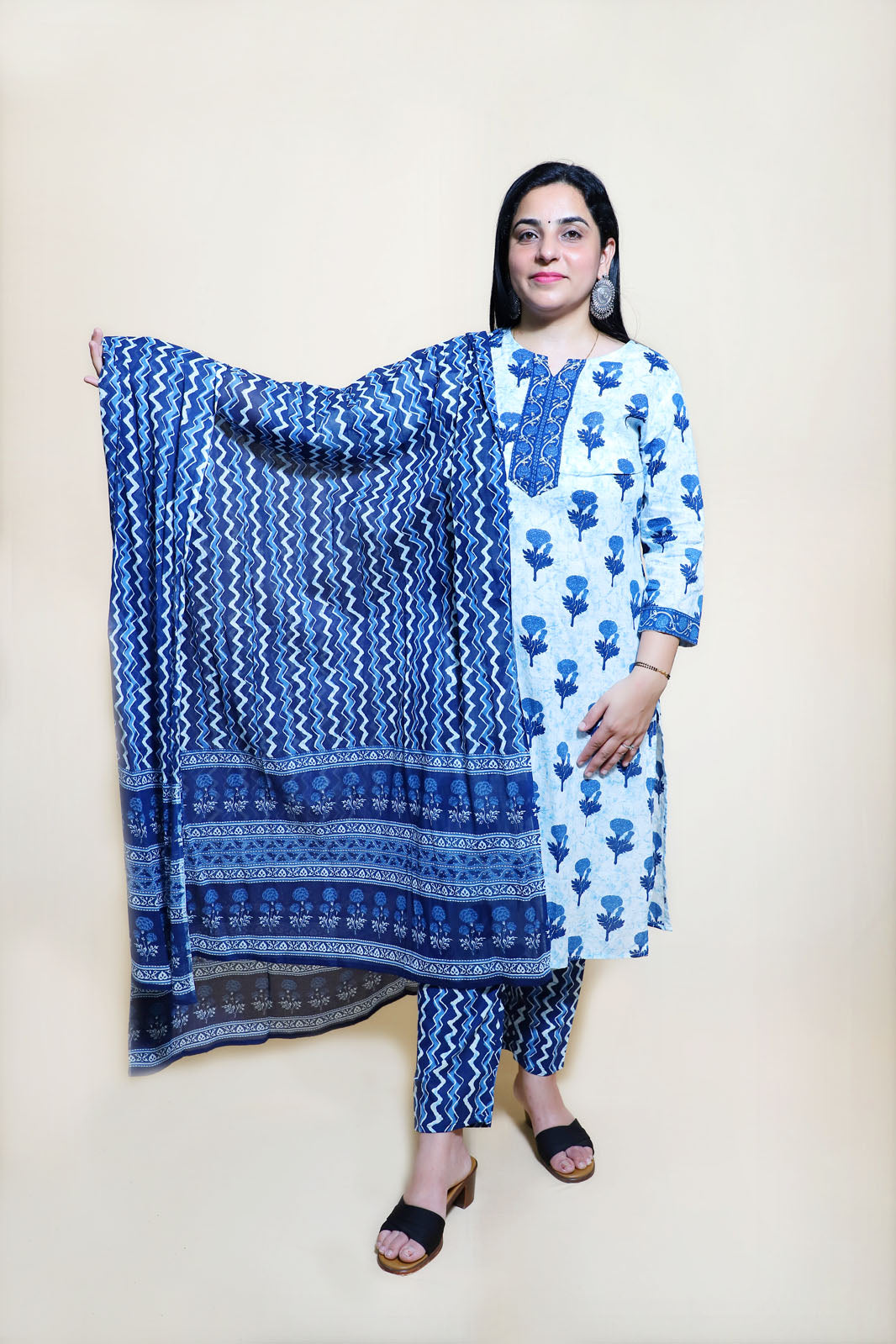 Kiara Block Printed Indigo Straight Suit Set