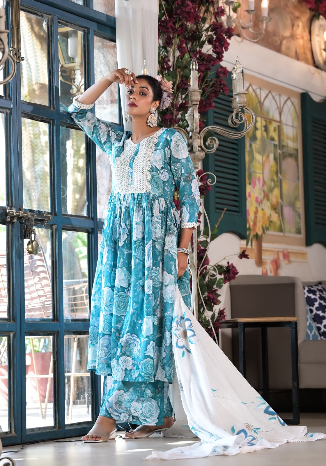 Radha Firozi Leaf Printed Nyra Pattern Suit Set