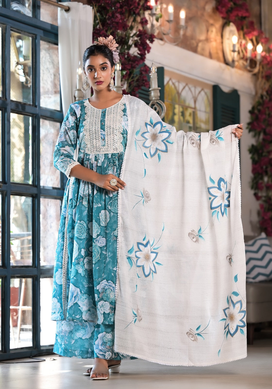 Radha Firozi Leaf Printed Nyra Pattern Suit Set