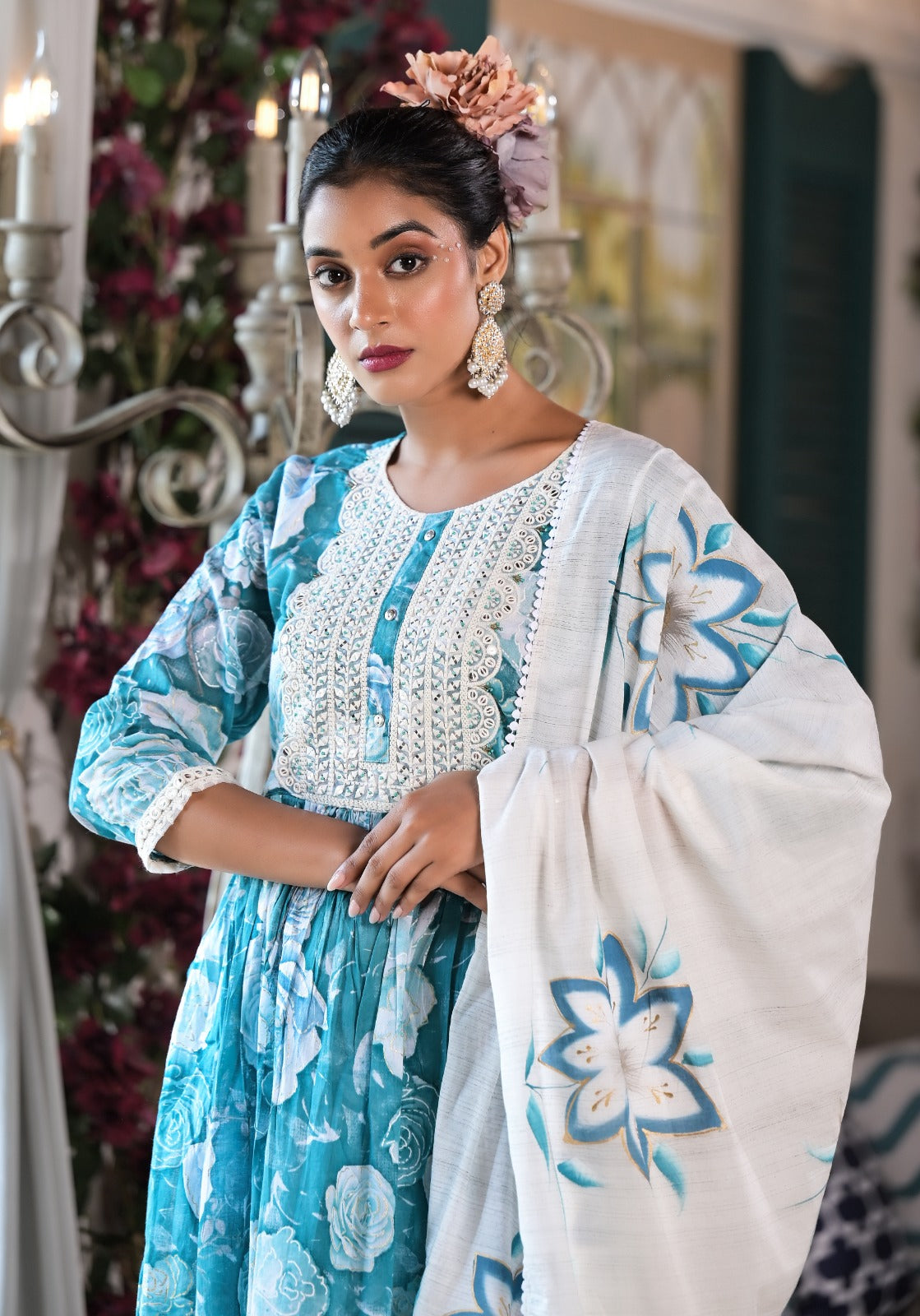 Radha Firozi Leaf Printed Nyra Pattern Suit Set