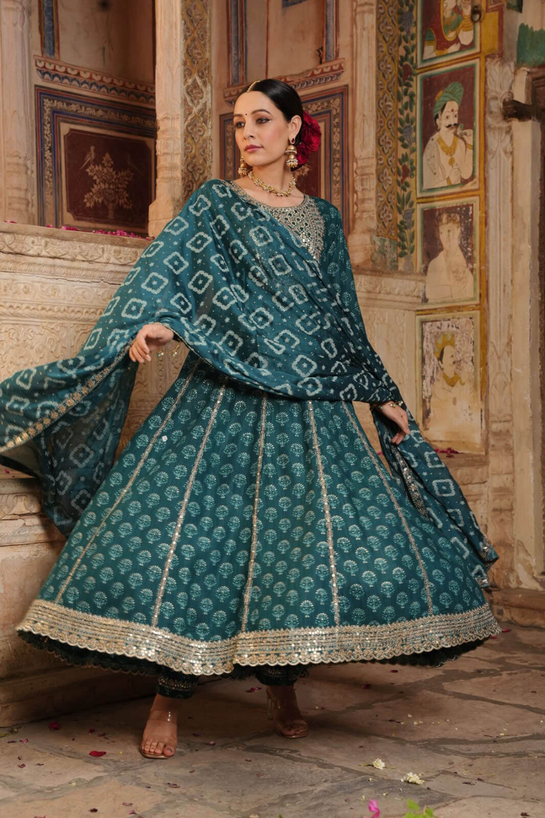 Classic Green Block Printed Anarkali Suit Set