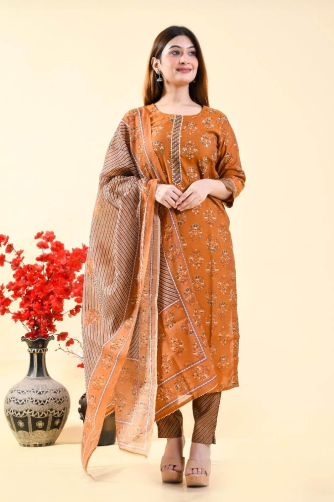 Maisha Block Printed Brown Suit Set