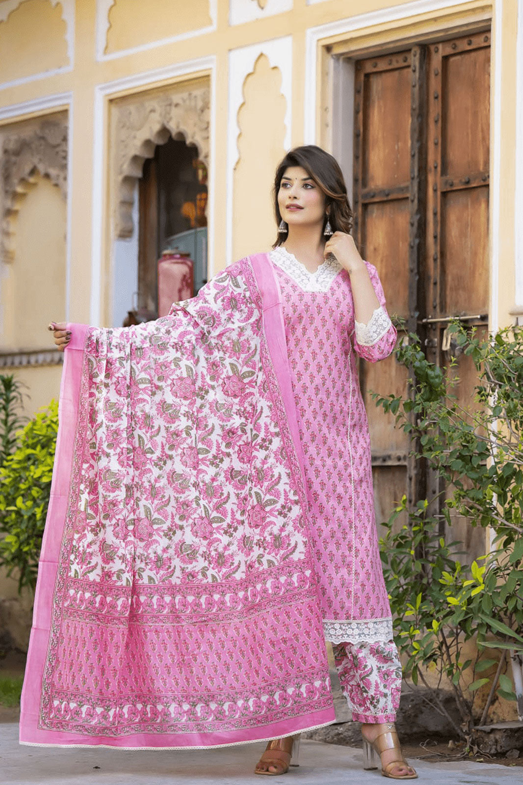 Vihaa Block Printed Afghani Pink Suit Set