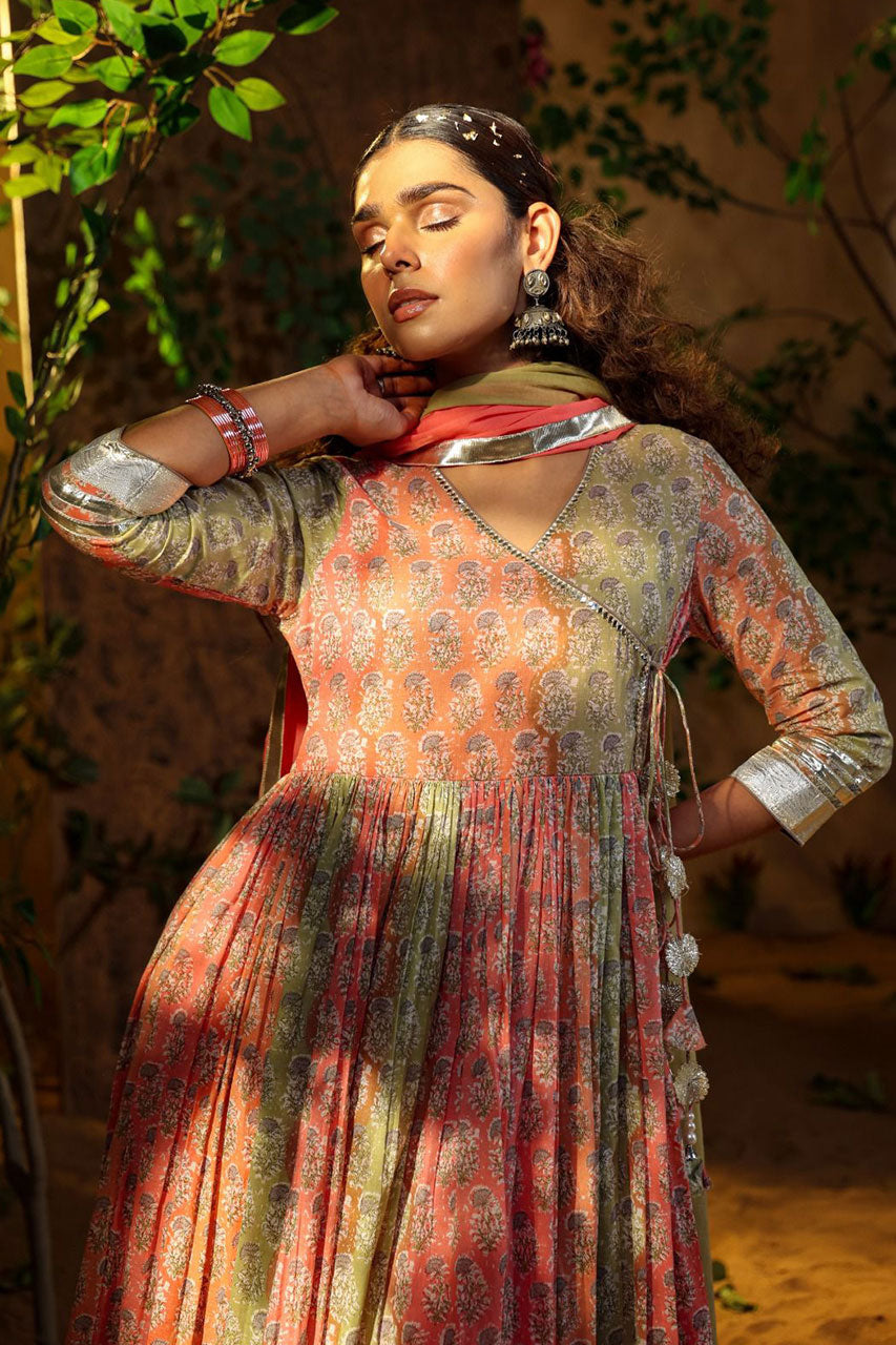 Navya Block Printed Anarkali Kurti With Dupatta