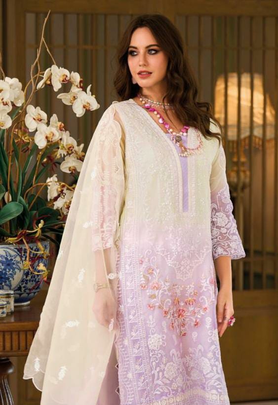 Ombray Classic Thread Embroidered Lavender Straight Suit Set