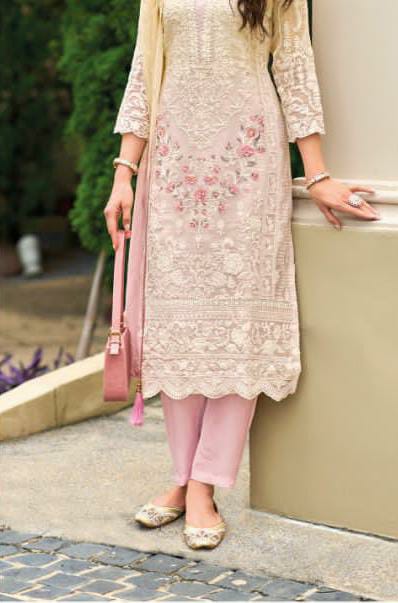 Ombray Classic Thread Embroidered Pink Straight Suit Set