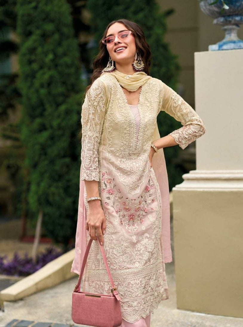 Ombray Classic Thread Embroidered Pink Straight Suit Set