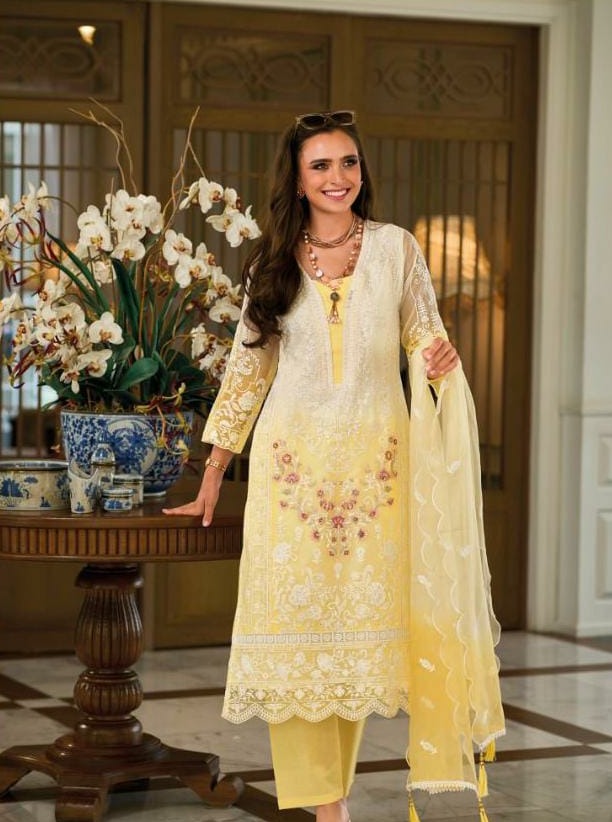 Ombray Classic Thread Embroidered Yellow Straight Suit Set