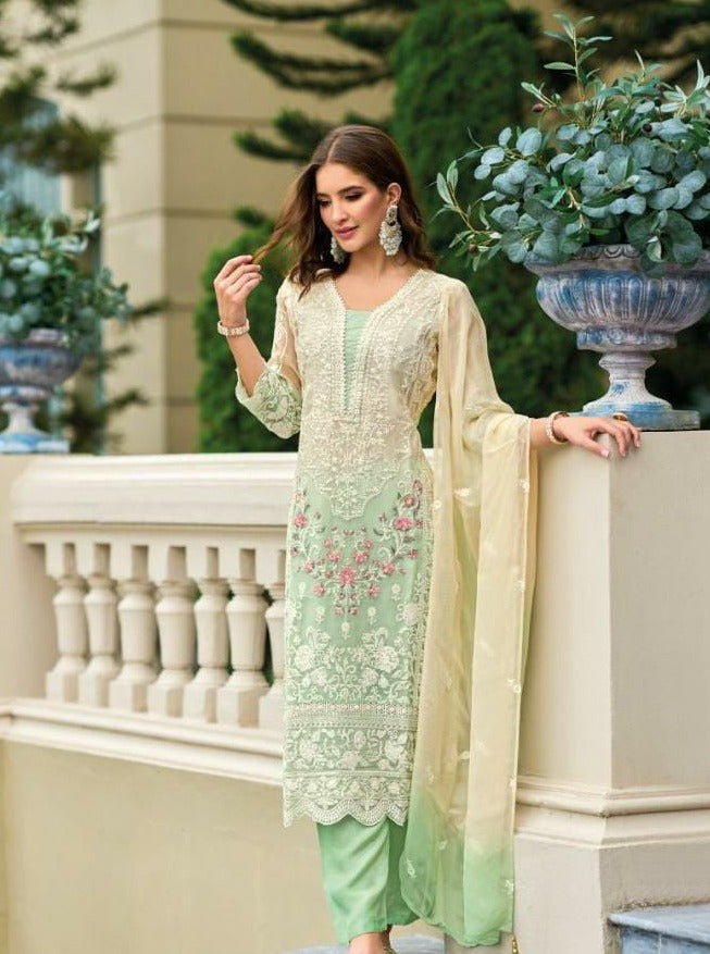 Ombray Classic Thread Embroidered Green Straight Suit Set