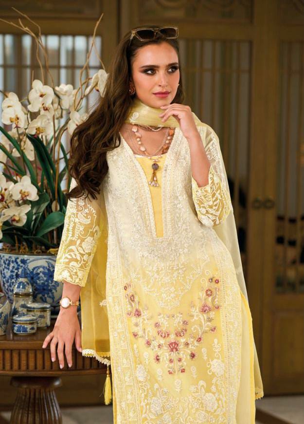 Ombray Classic Thread Embroidered Yellow Straight Suit Set