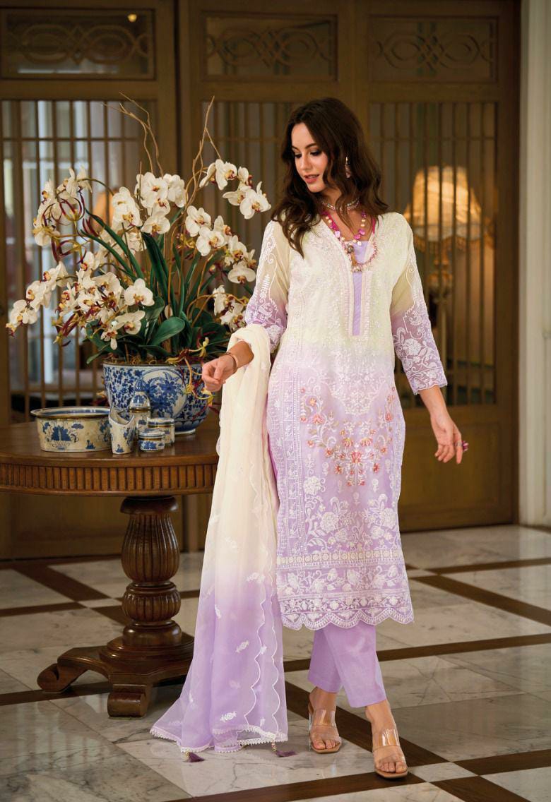 Ombray Classic Thread Embroidered Lavender Straight Suit Set