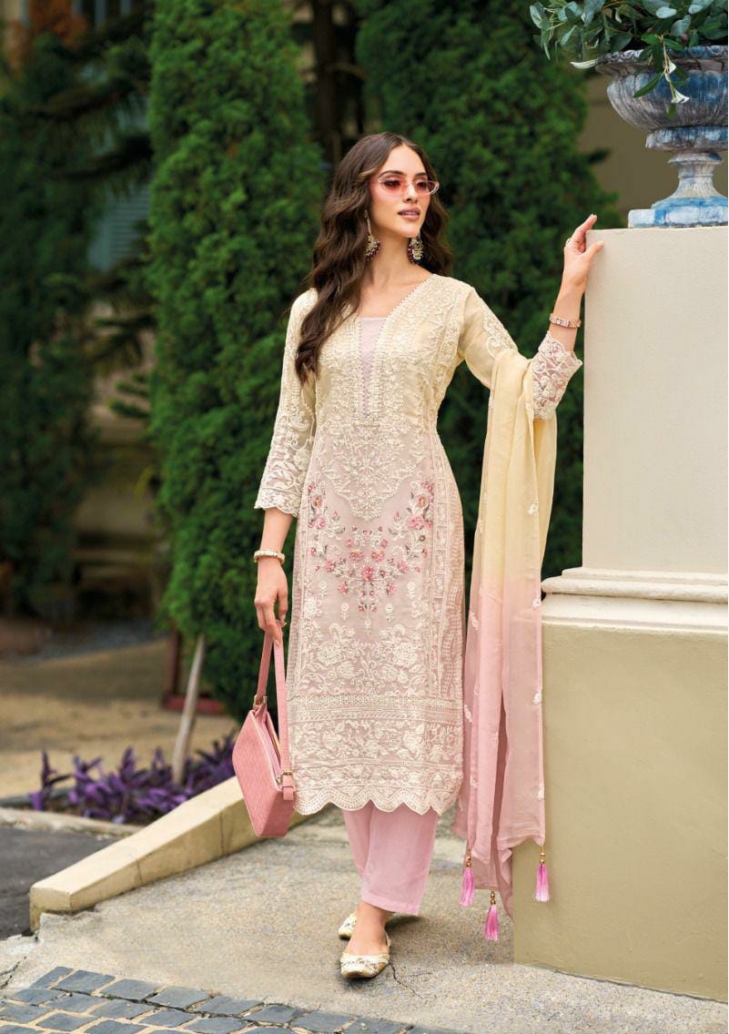 Ombray Classic Thread Embroidered Pink Straight Suit Set