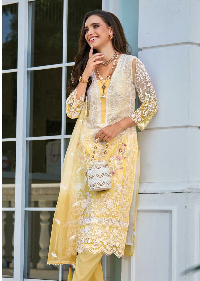 Ombray Classic Thread Embroidered Yellow Straight Suit Set