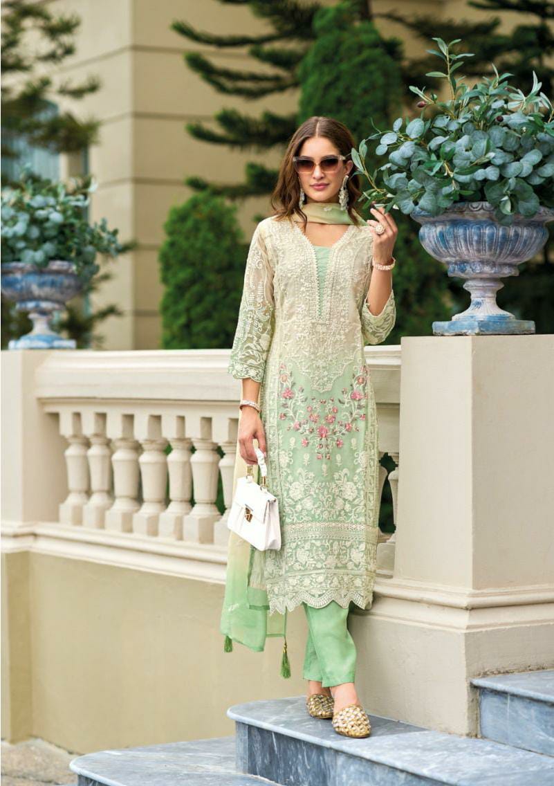 Ombray Classic Thread Embroidered Green Straight Suit Set