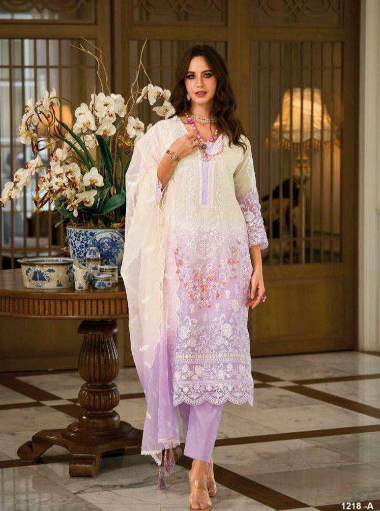 Ombray Classic Thread Embroidered Lavender Straight Suit Set